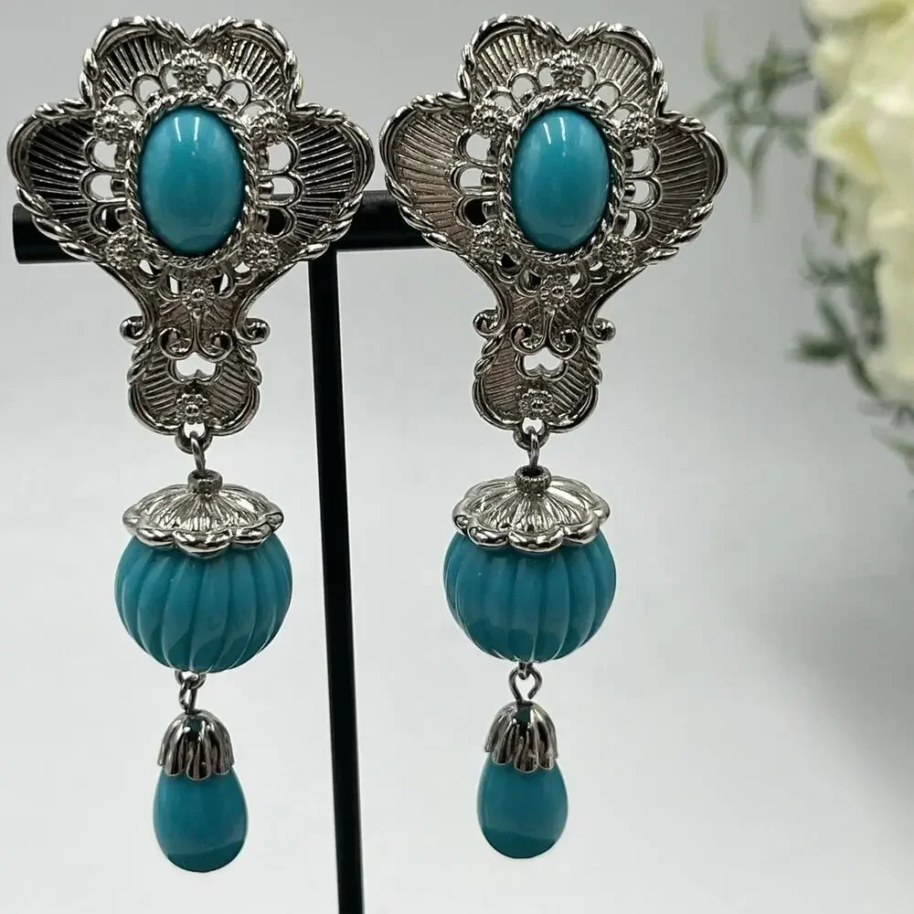 Jose Maria Barrera For Avon Signed Faux Turquoise Etruscan Revival Clip Earrings